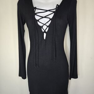 Lulu's Elegant Black Lace-Up Long Sleeve Dress